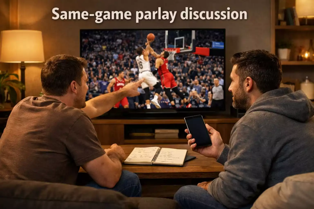 Basketball fans watching NBA game on TV while discussing betting strategy with notes visible