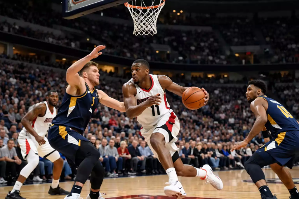 NBA basketball game action with player scoring near the hoop under bright arena lights